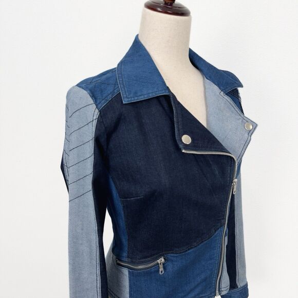 Denim Patchwork Moto Jacket Womens XS Blue Moto Festival‎ Y2K Western Cowgirl - Picture 4 of 16